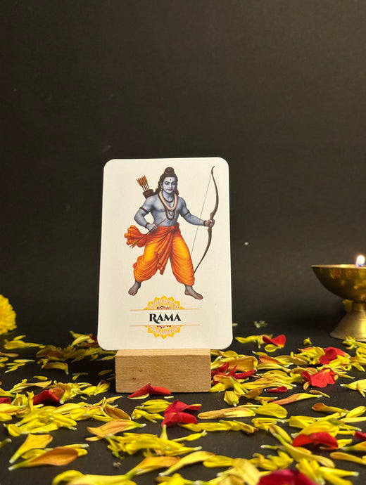 Card featuring a depiction of Rama on a stand with flowers and a lamp in the background