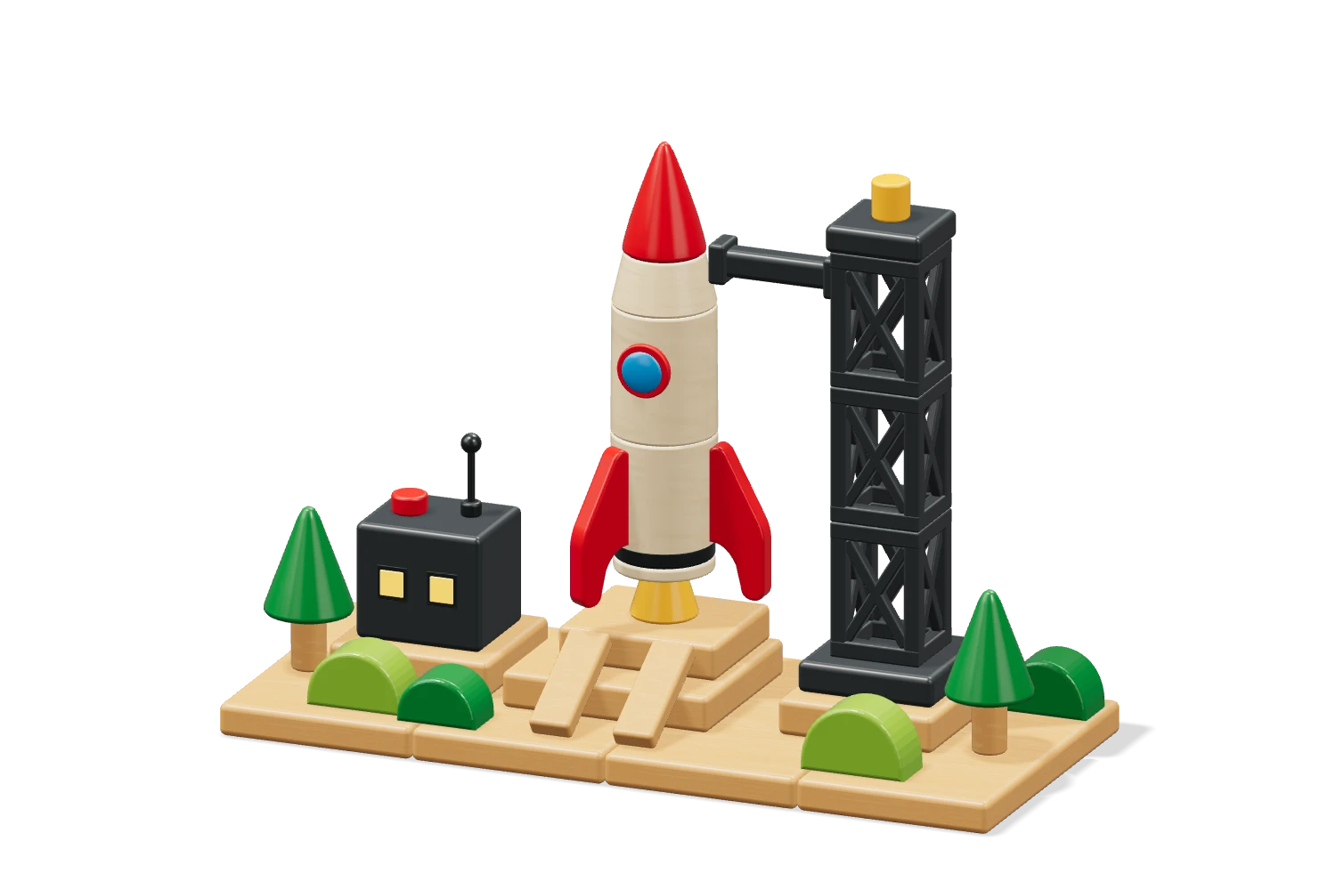 Those same pieces assembled into the rocket, launch tower and landscape.