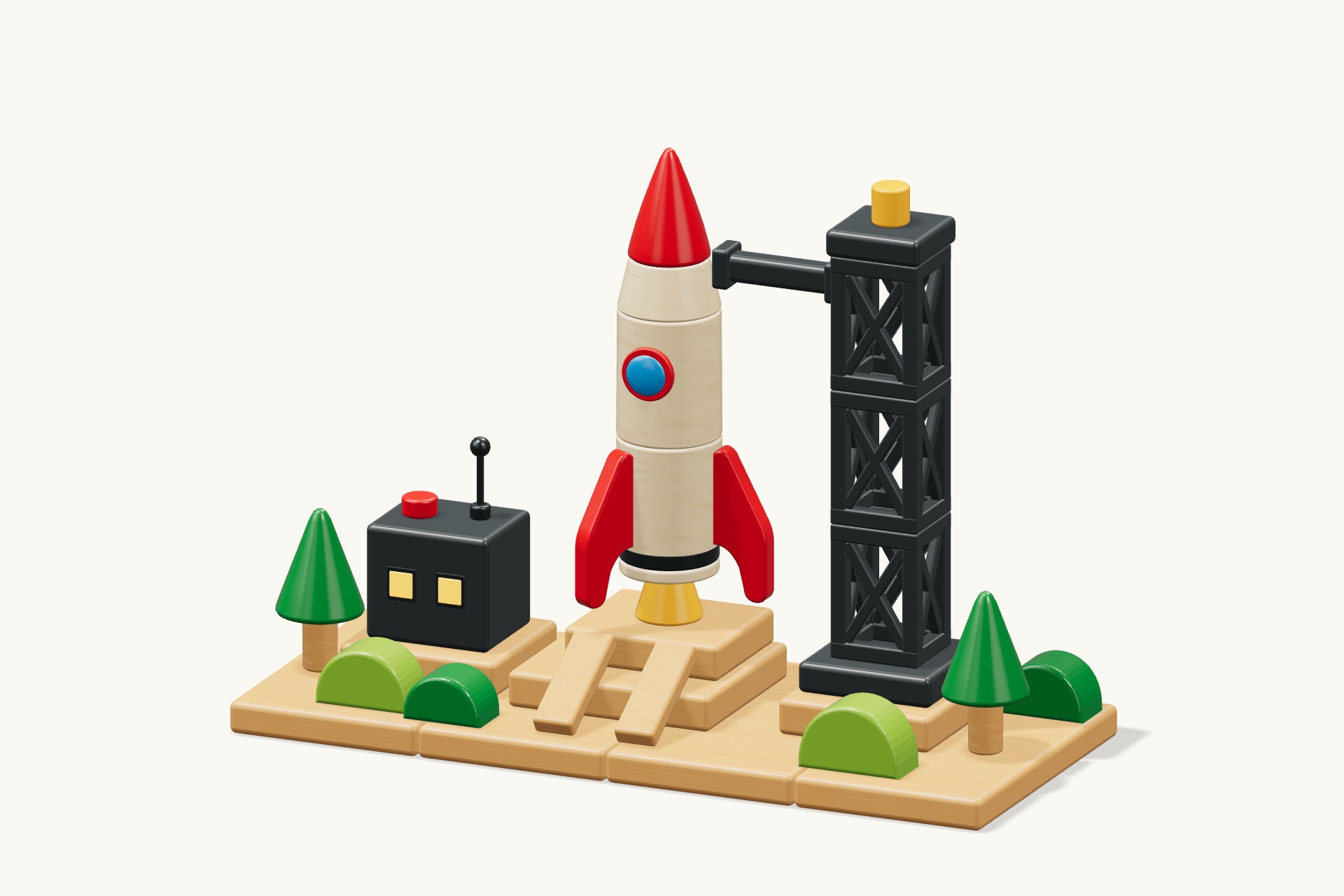 The 30 wooden pieces assemble into the Mission One rocket and launch pad.