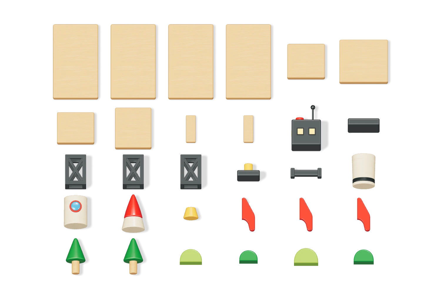 The same Mission One model separated into its individual wooden pieces.