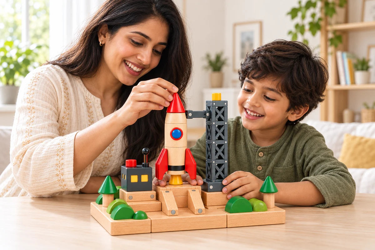 Illustrated family play scene: a mother and child building Mission One together, with the complete toy visible.