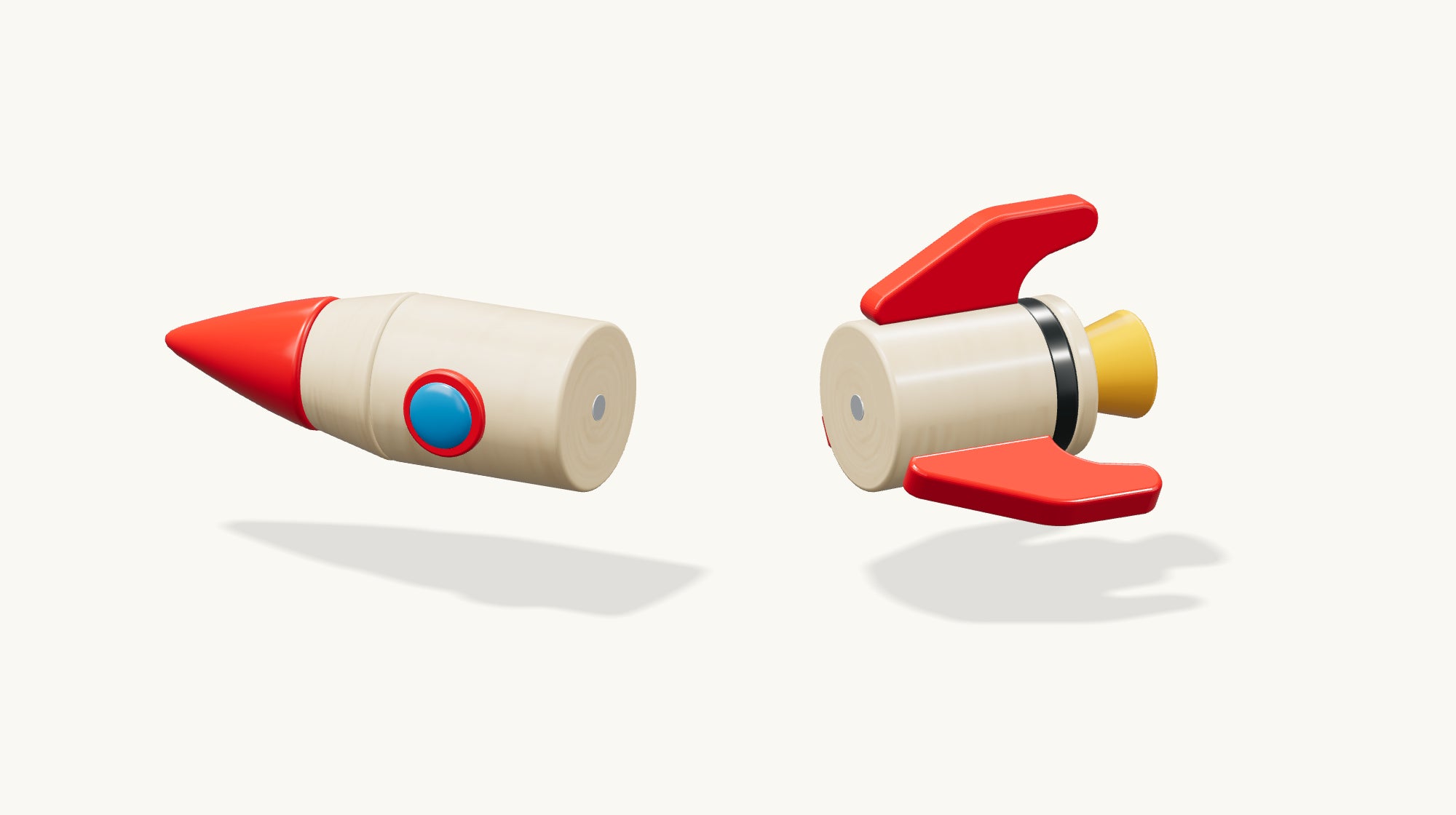 The two wooden rocket sections align and snap together at their steel magnets, with a brief illustrated electric spark.